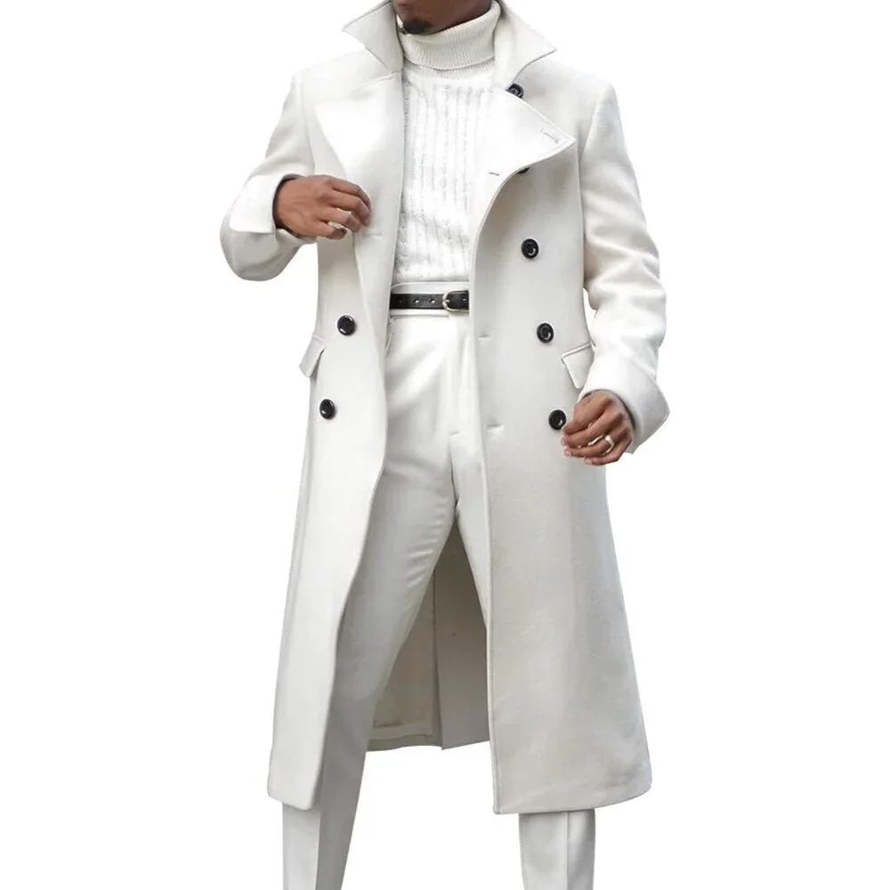 Men's White Notch Lapel Double Breasted Long Trench Coat Cotton Blend Pea Coat